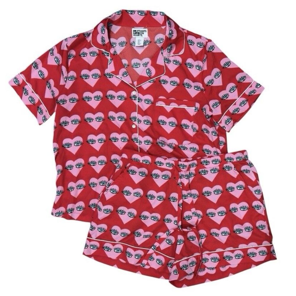 Bouffants & Broken Hearts Pajama Set Women’s S Red Pink Heart Eye Print Shorts